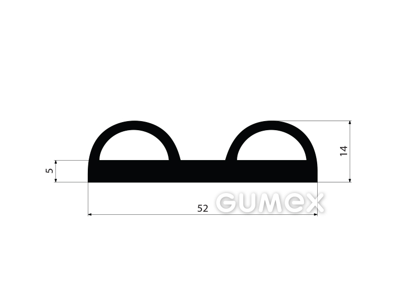 Geformtes Gummiprofil mit 2 Löchern, 14x52mm, 60°ShA, EPDM, -40°C/+100°C, schwarz, 